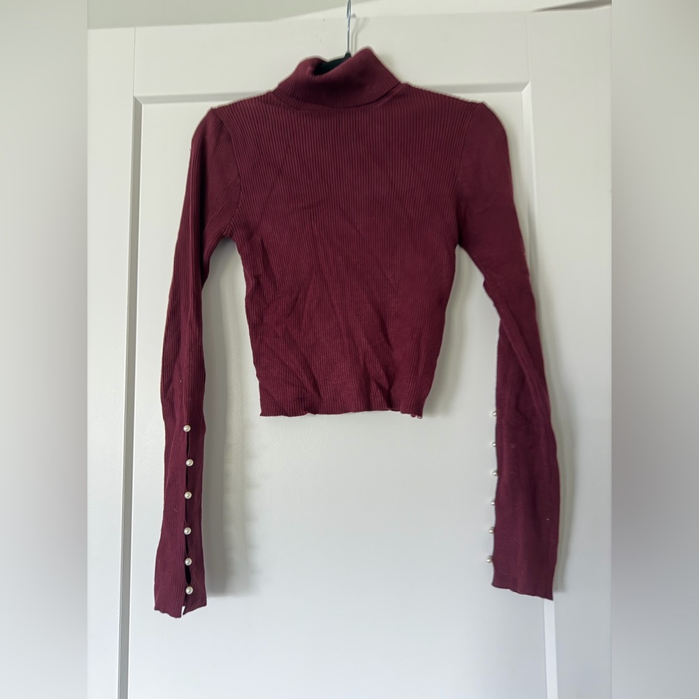 fab'rik Maroon Cropped Ribbed Long Sleeve Top Pearl Buttons
